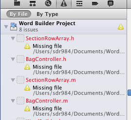 缺少文件警告的Xcode 4